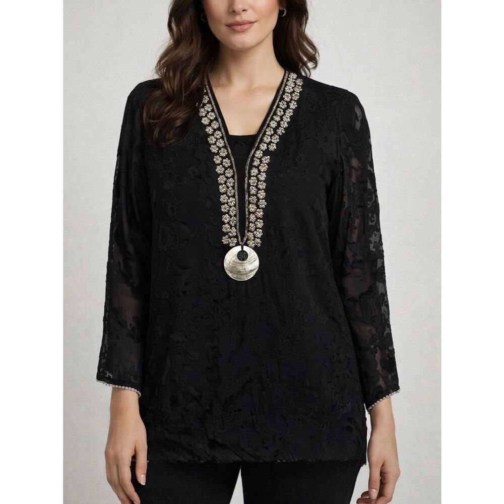 Silk Threads Black Silk Long Sleeve Sequined Semi Sheer Blouse Top Size XL